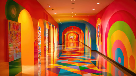 Explore a vibrant corridor filled with colorful walls and unique patterns, combining art and design in a playful, energetic environment. Perfect for inspiration.の素材