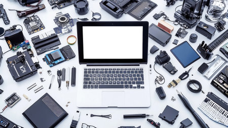 High-angle view of a laptop with blank screen, surrounded by tech accessories on a clean white deskの素材