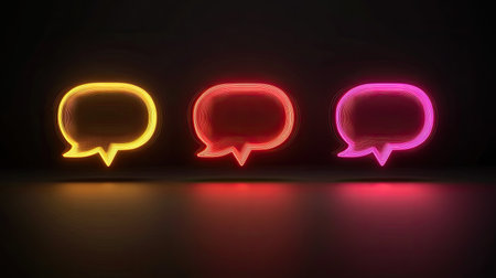 Abstract representation of chatbot connections glowing lines linking speech bubbles on a plain dark backgroundの素材