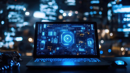 A laptop on a dark desk with a glowing neon blue circuit board pattern in the backgroundの素材