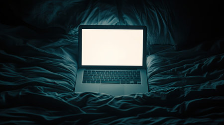 Laptop with a blank screen on a bed, with cozy fabric textures around and room for copy spaceの素材