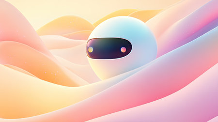 Abstract chatbot design with dynamic glowing waveforms and dots on a clean neutral gradientの素材