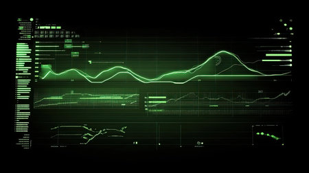 High-tech development interface glowing graphs and lines overlaying a plain dark backgroundの素材
