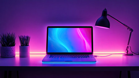 Minimal setup with a laptop glowing softly on a clean desk, vibrant holographic waves in the backgroundの素材