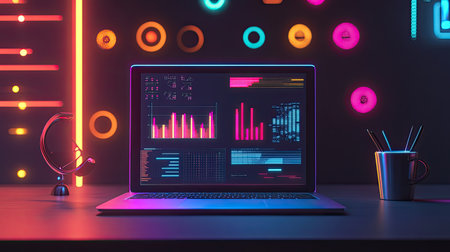 Laptop glowing softly on a dark desk, with futuristic glowing graphs projected aboveの素材