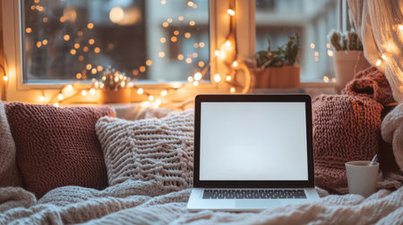 Laptop with a blank screen in a cozy study nook, surrounded by warm lighting and neutral tonesの素材