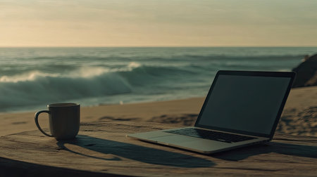 Laptop on a beachside table with sand and ocean in the distant background, space for creative overlaysの素材