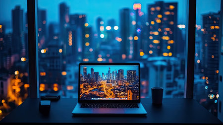 Laptop on a black modern desk with a soft-focus urban view in the backgroundの素材