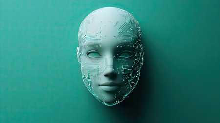 Minimal chatbot design with glowing circuits forming a robotic face, centered on a clean neutral surfaceの素材