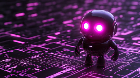 Minimal glowing chatbot icon surrounded by futuristic tech-inspired shapes and clean negative spaceの素材