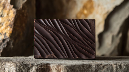 A block of premium dark chocolate with visible textures, placed on a clean wooden surface.の素材