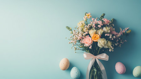 A bouquet of spring flowers tied with a ribbon, surrounded by Easter eggs on a light blue surface with room for text.の素材