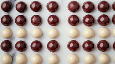 A close-up of dark and milk chocolate candies on a marble background, arranged for a minimalist aesthetic.の素材
