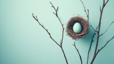 A clean Easter design with a solitary twig nest holding a pastel egg on a soft neutral background.の素材