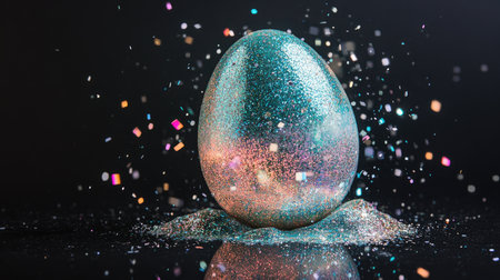 A cracked egg with shimmering glitter spilling out, resting on a reflective black background.の素材
