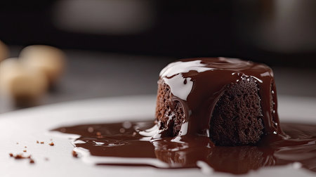 A close-up of a chocolate lava cake oozing molten chocolate, surrounded by subtle shadows on a light surface.の素材