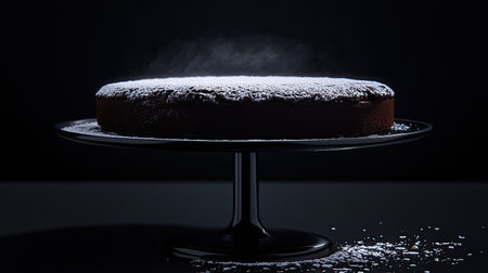 A chocolate cake topped with a light layer of powdered sugar, displayed on a minimalist ceramic stand.の素材