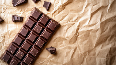 A dark chocolate bar placed diagonally on a light brown paper backdrop with space for text.の素材