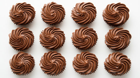 A clean presentation of chocolate cupcakes with piped frosting, arranged symmetrically on a light background.の素材