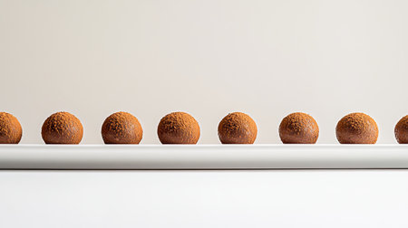 A close-up of healthy chocolate truffles with a dusting of cocoa powder, arranged in a row on a white plate.の素材
