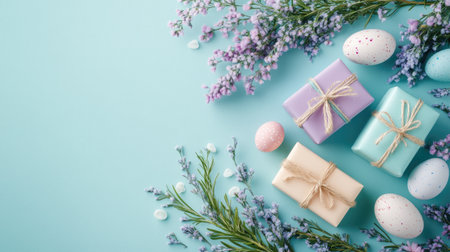 A creative Easter flat lay with gift ideas like handmade soaps, floral sachets, and decorative eggs on a pastel background.の素材