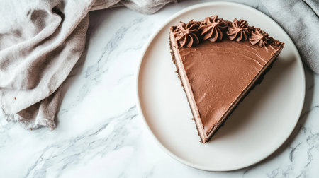 A flat lay of a slice of chocolate cheesecake with clean lines, placed on a light marble surface.の素材