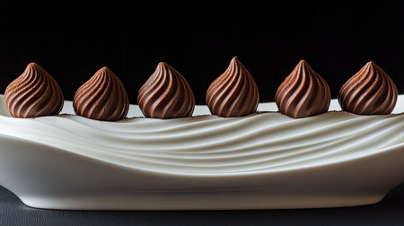 A close-up of healthy chocolate truffles with a dusting of cocoa powder, arranged in a row on a white plate.の素材