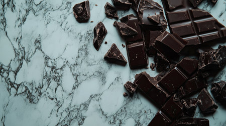 A close-up view of a pile of dark chocolate candies and pralines, set against a smooth marble table.の素材