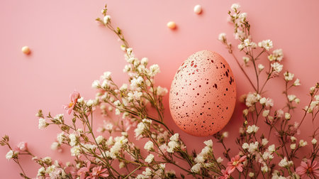 A creative Easter egg display nestled in a bouquet of flowers on a clean, minimalist background.の素材
