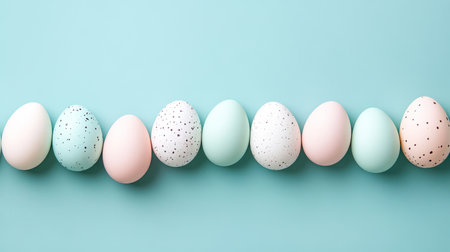 A geometric arrangement of eggs in muted pastel shades on a neutral background with ample copy space.の素材