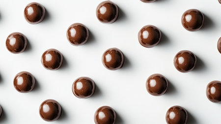 A minimalist composition of chocolate-covered treats arranged symmetrically on a smooth white surface.の素材
