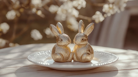 A pair of chocolate bunny figures wrapped in shiny foil, placed on a white plate with a simple background.の素材