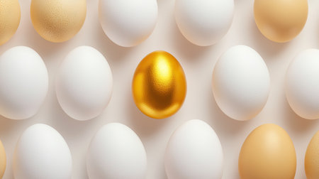 A flat lay of neutral-colored eggs with one golden egg at the center, arranged on a light background.の素材