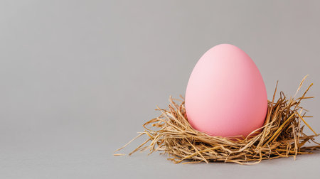 A simple composition of a single pastel egg nestled in a tuft of dried grass on a soft gray background.の素材