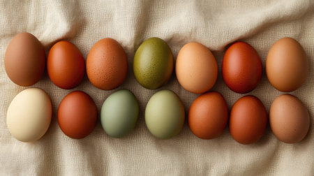 A flat lay of Easter eggs dyed in earthy tones like olive green and terracotta, laid on linen fabric with ample copy space.の素材