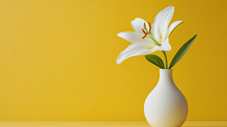 A single Easter lily in a white vase, placed against a pastel yellow background with plenty of negative space.の素材