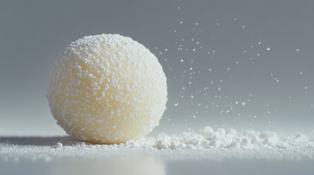 A single white chocolate truffle dusted with powdered sugar, placed on a clean gray surface.の素材