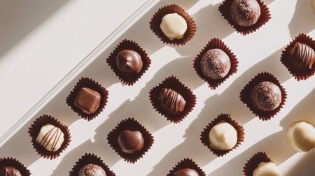 A selection of chocolate bonbons on a clean white tray, surrounded by soft shadows and space for text.の素材