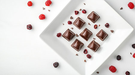 A minimalist composition of dark chocolate and dried berries arranged on a clean white plate with empty space.の素材