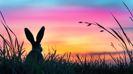 A silhouette of bunny ears popping out from a patch of grass, with a colorful gradient sky in the background.の素材