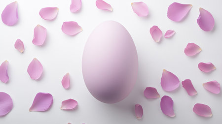 A single pastel egg surrounded by flower petals on a clean white background with room for copy.の素材