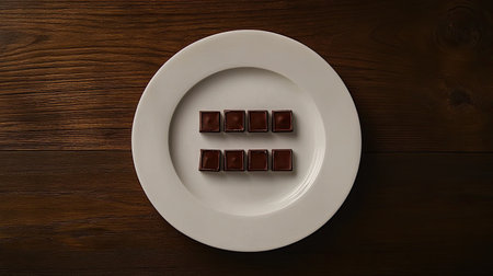 A top-down shot of dark chocolate squares with sea salt, arranged symmetrically on a white plate.の素材