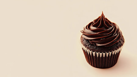 A small chocolate cupcake with piped frosting, placed in the corner of the frame with empty space for text.の素材