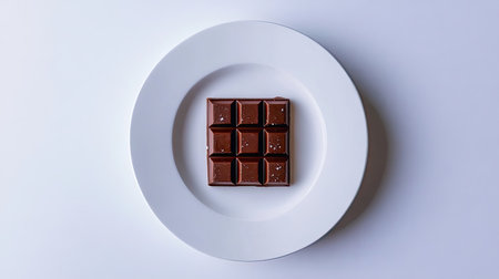 A top-down shot of dark chocolate squares with sea salt, arranged symmetrically on a white plate.の素材