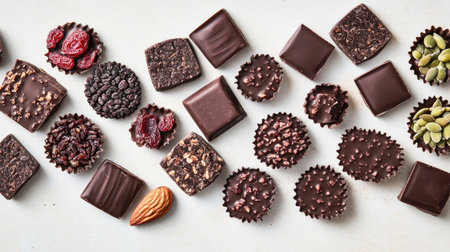 A variety of low-sugar chocolate snacks with a blend of nuts, dried fruits, and seeds, arranged artfully on a light background.の素材