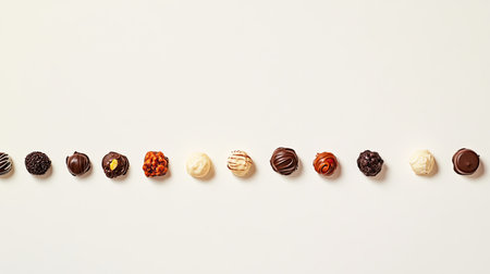 A variety of chocolate-covered candies arranged artfully in a line on a light, neutral backdrop, perfect for copy space.の素材