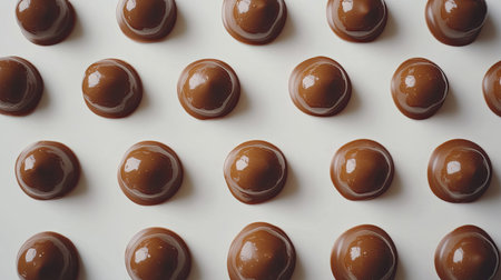 A top-down view of chocolate pralines with shiny surfaces, placed neatly on a soft white background.の素材