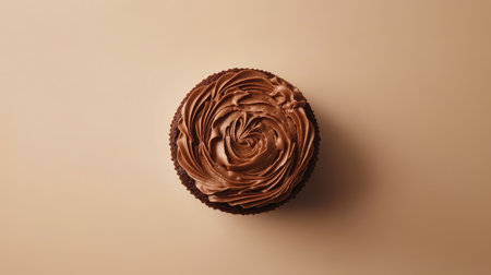 A whole chocolate cake with swirled frosting and minimal decoration, centered on a plain beige table.の素材