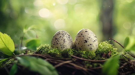 Speckled Easter eggs nestled in moss and twigs, surrounded by natural greenery with a soft blurred background.の素材