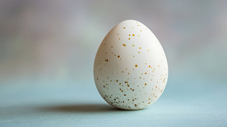 A solitary white egg with delicate golden speckles, resting on a pale blue surface with soft lighting.の素材